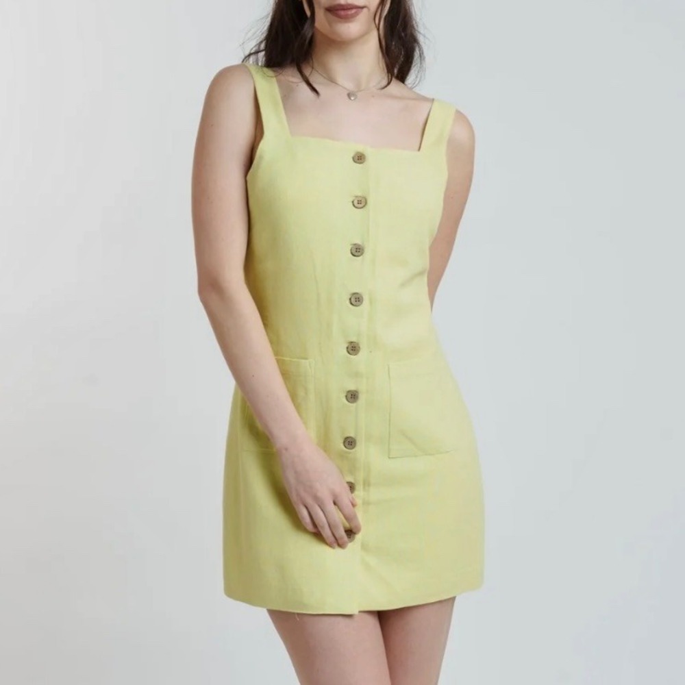 NEW Linen Blend Jumper Womens XL Yellow Dress Pinafore Twee Prairie Square Neck